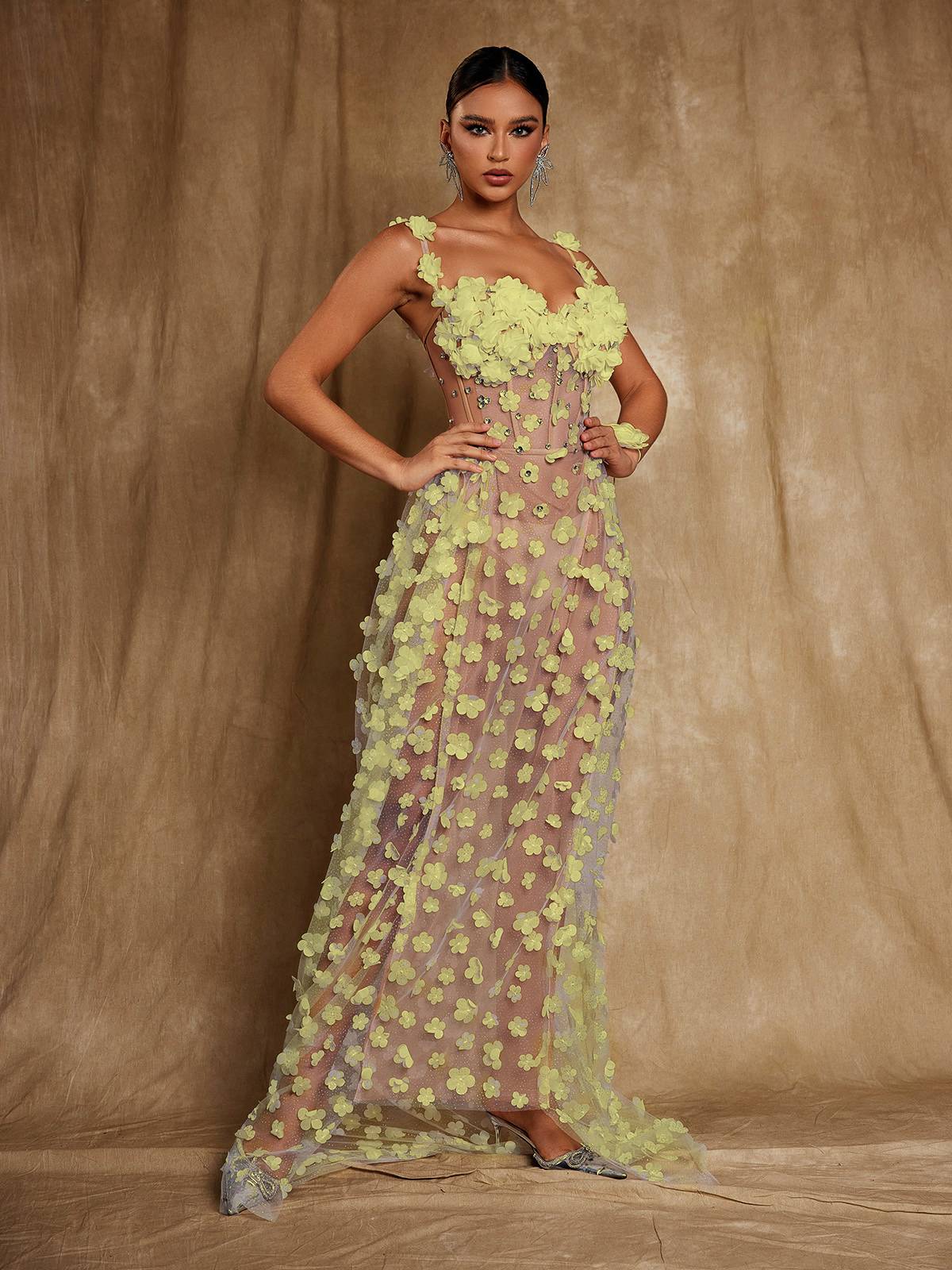 Oksana Spaghetti Flower Corset Maxi Dress In Yellow