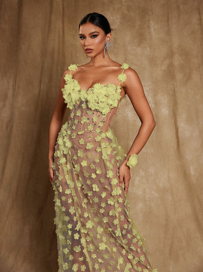 Oksana Spaghetti Flower Corset Maxi Dress In Yellow