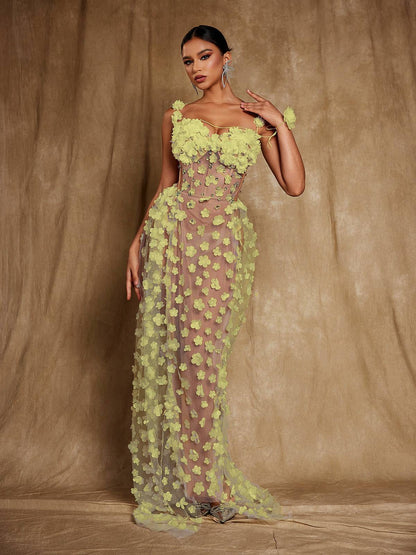 Oksana Spaghetti Flower Corset Maxi Dress In Yellow