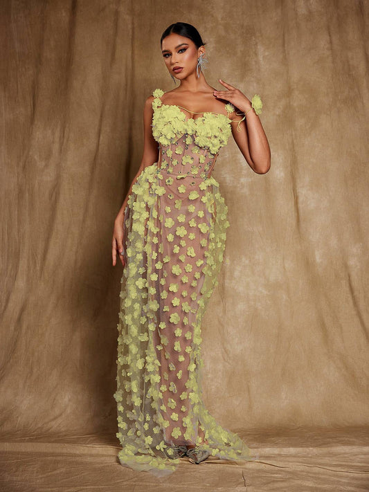 Oksana Spaghetti Flower Corset Maxi Dress In Yellow