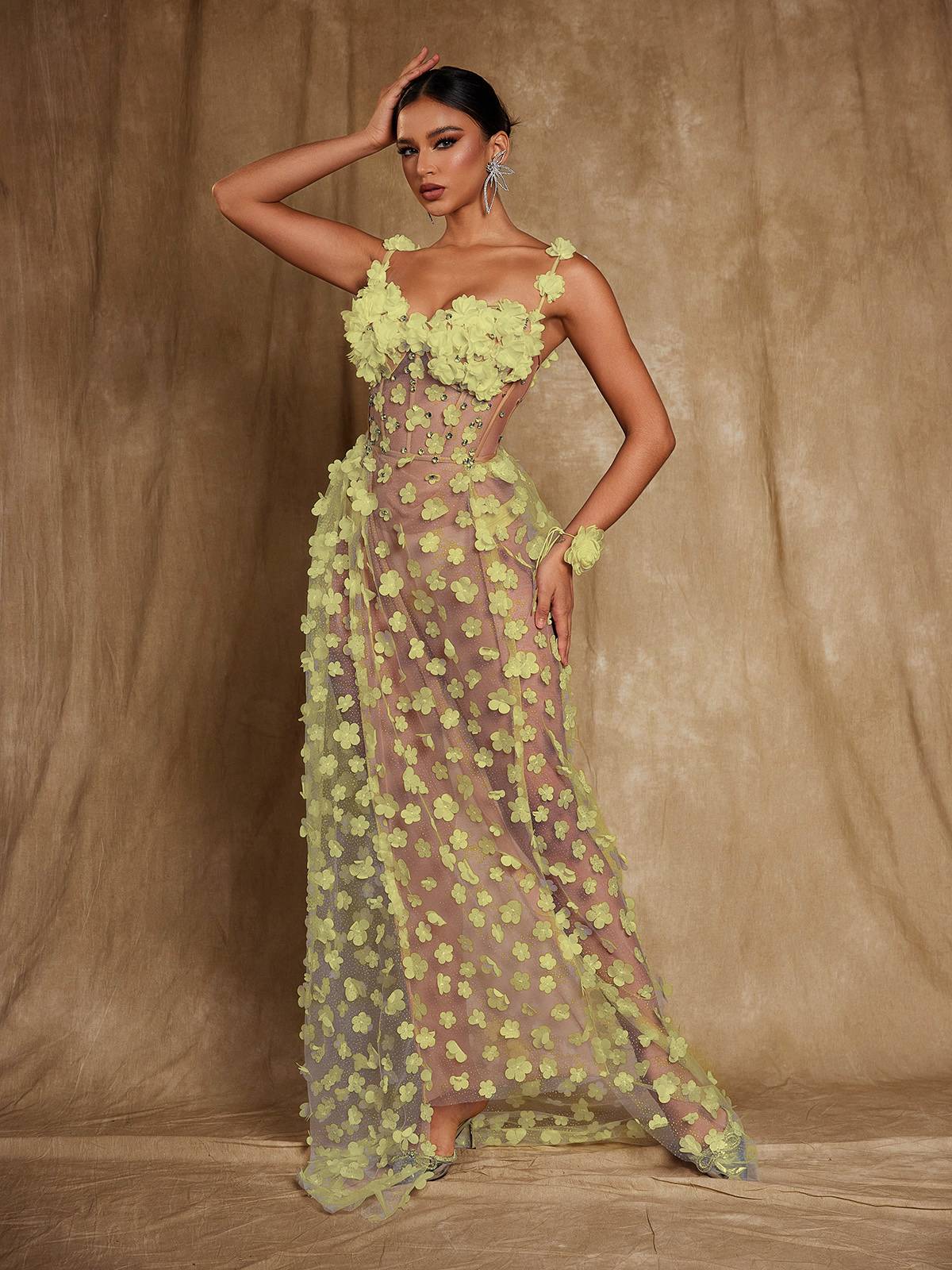 Oksana Spaghetti Flower Corset Maxi Dress In Yellow
