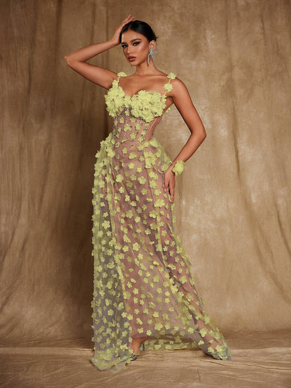 Oksana Spaghetti Flower Corset Maxi Dress In Yellow