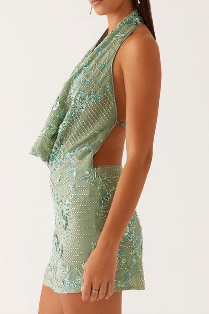 Cowl Neck Beaded Mini Dress In Mint