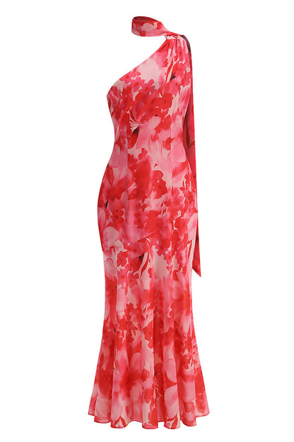 One-Shoulder Floral Mermaid Maxi Dress in Red