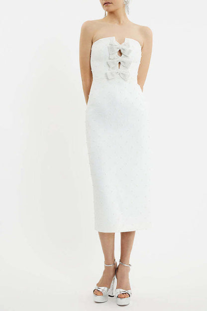 nancy pearl embellished bow midi dress in ivory