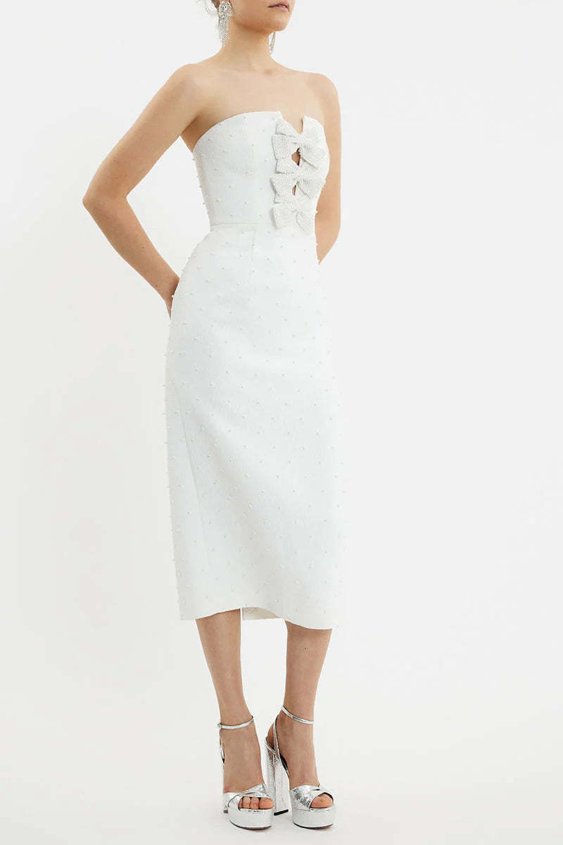 nancy pearl embellished bow midi dress in ivory
