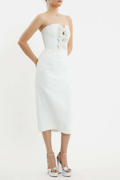 nancy pearl embellished bow midi dress in ivory