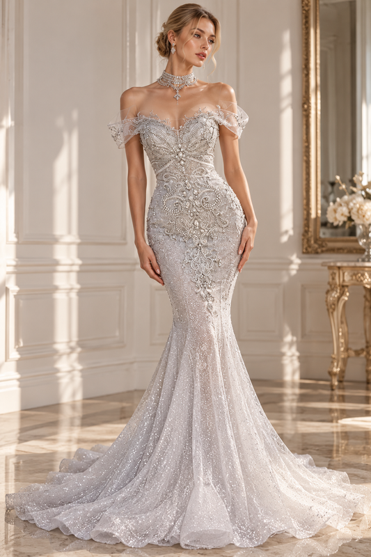 Off Shoulder Rhinestone Mermaid Evening Gown