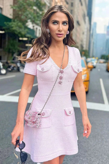 Karine pink V-neck knitted mini dress