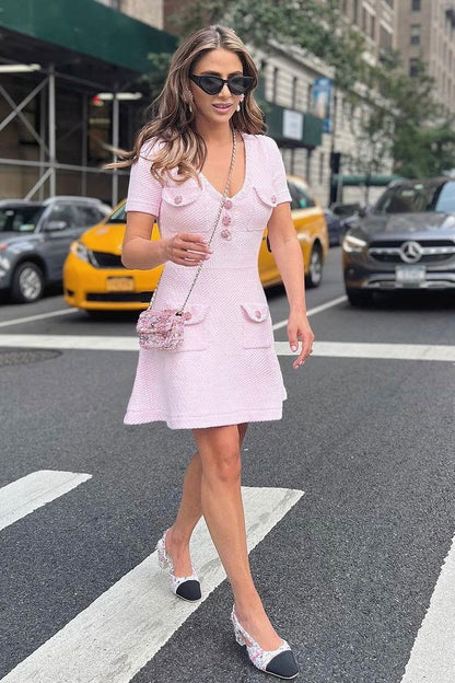 Karine pink V-neck knitted mini dress