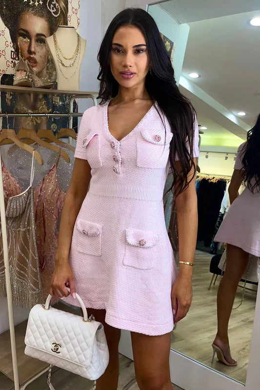 Karine pink V-neck knitted mini dress