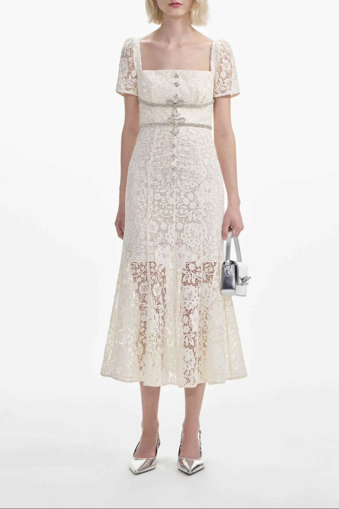 Diamond embellished lace mermaid midi dress