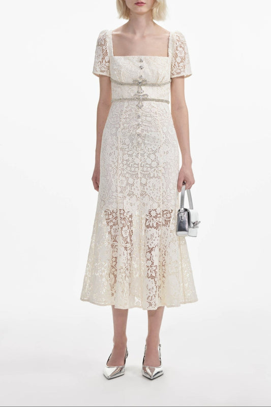 Diamond embellished lace mermaid midi dress
