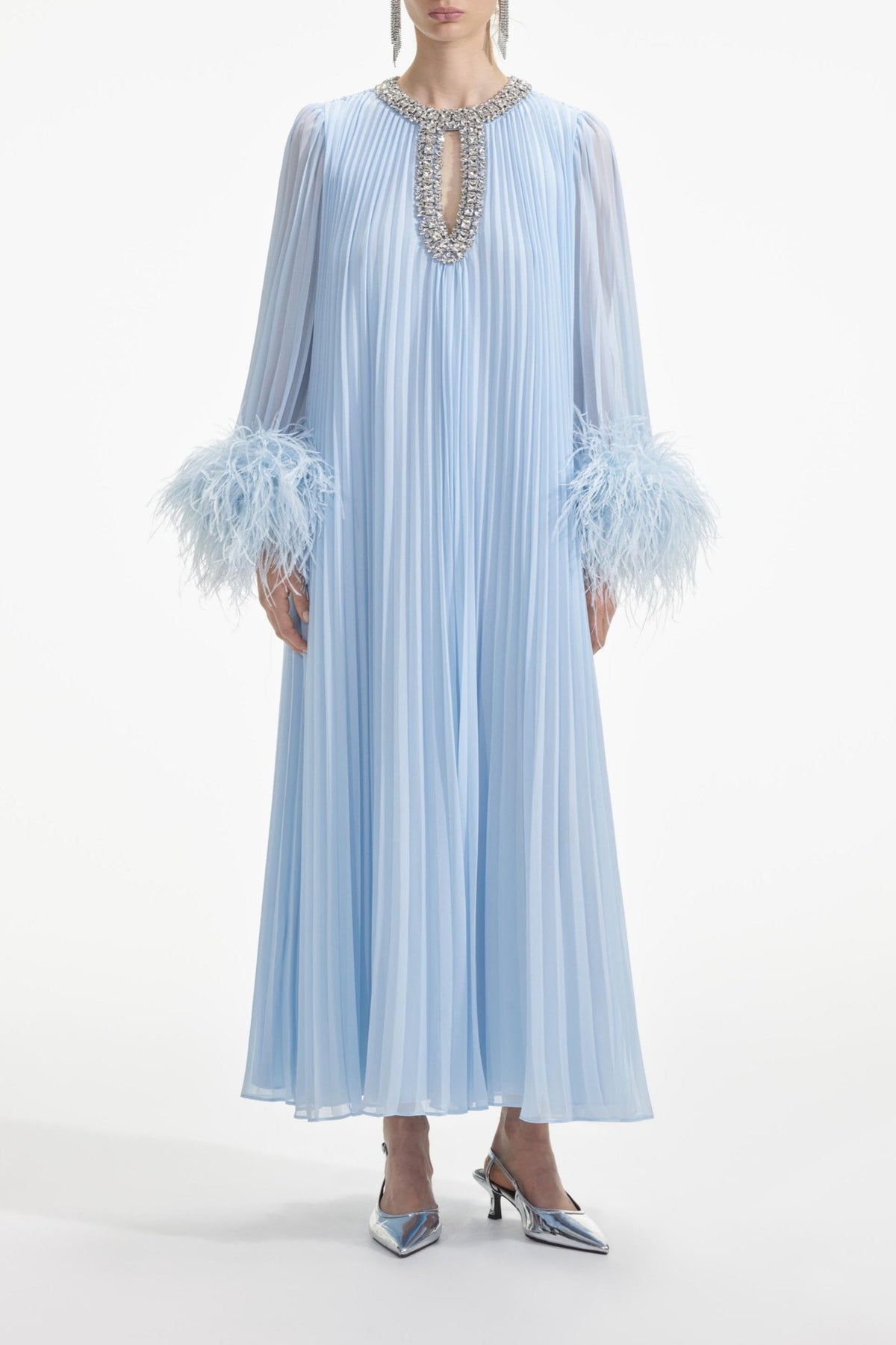Blue Chiffon Feather Midi Dress