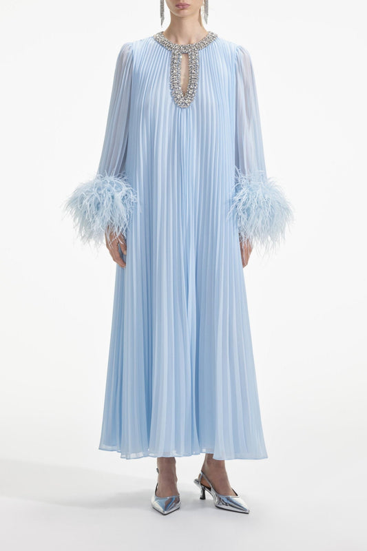 Blue Chiffon Feather Midi Dress
