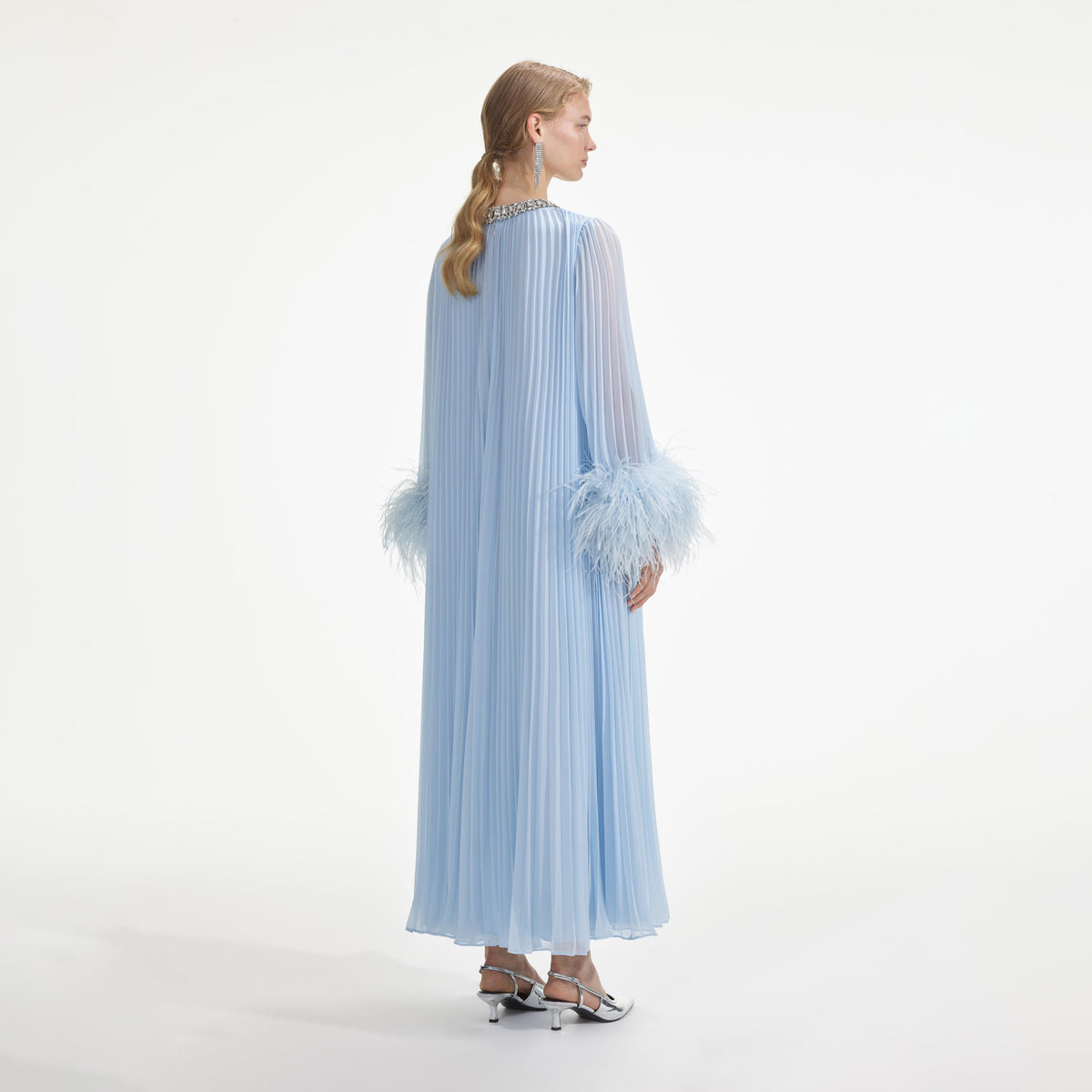 Blue Chiffon Feather Midi Dress