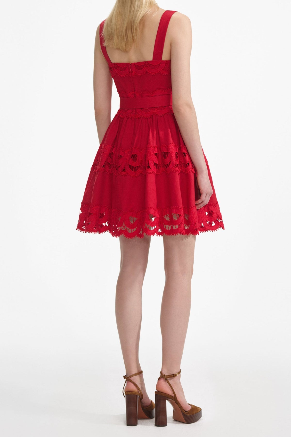 Linen Lace Insert Mini Dress in red