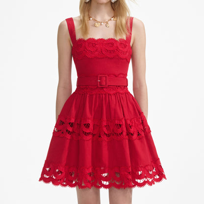 Linen Lace Insert Mini Dress in red