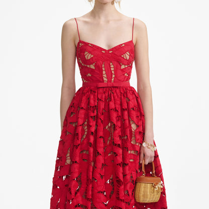 wendy Red Bow Embroidered Midi Dress