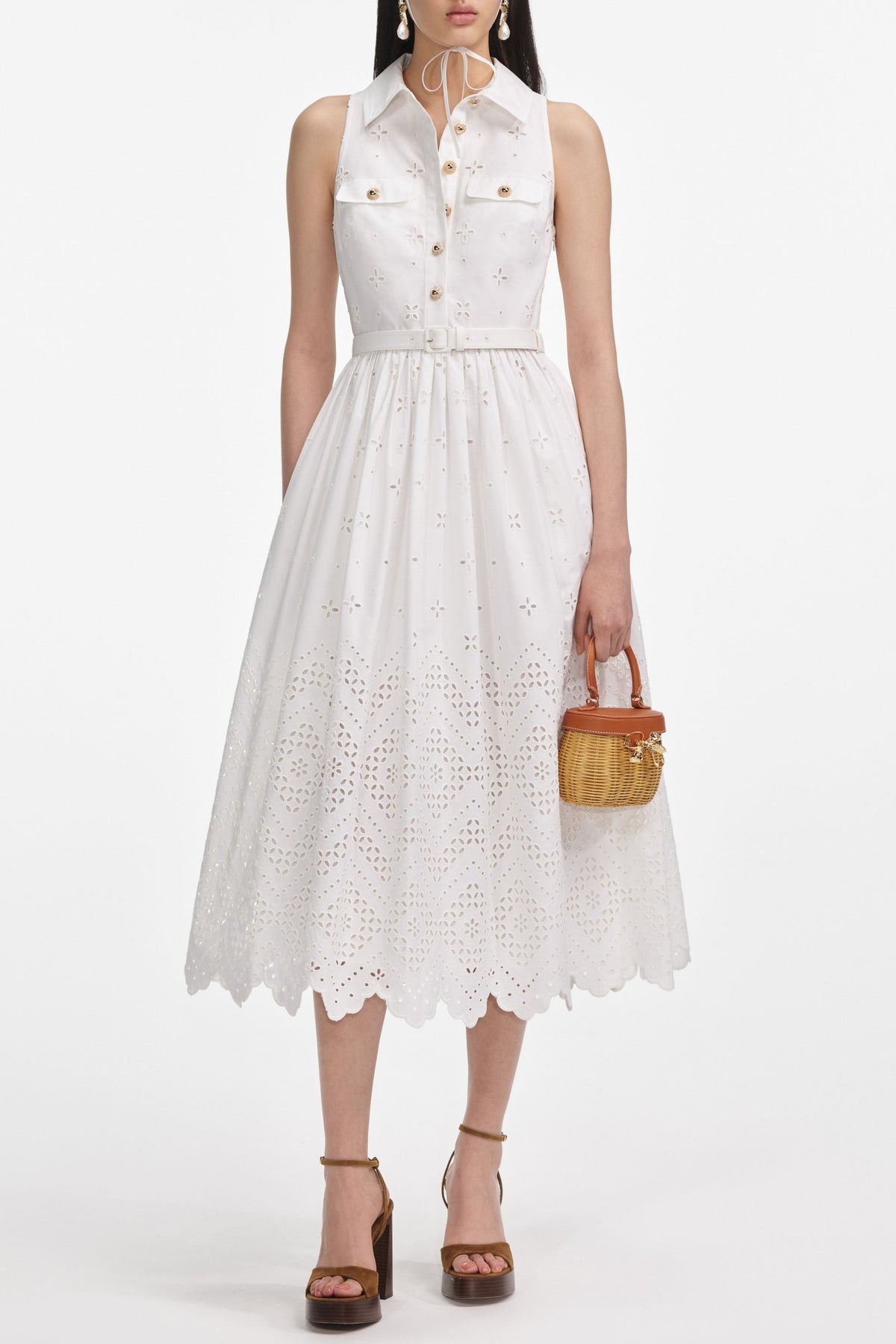 elsie White Cotton Broderie Collared Midi Dress