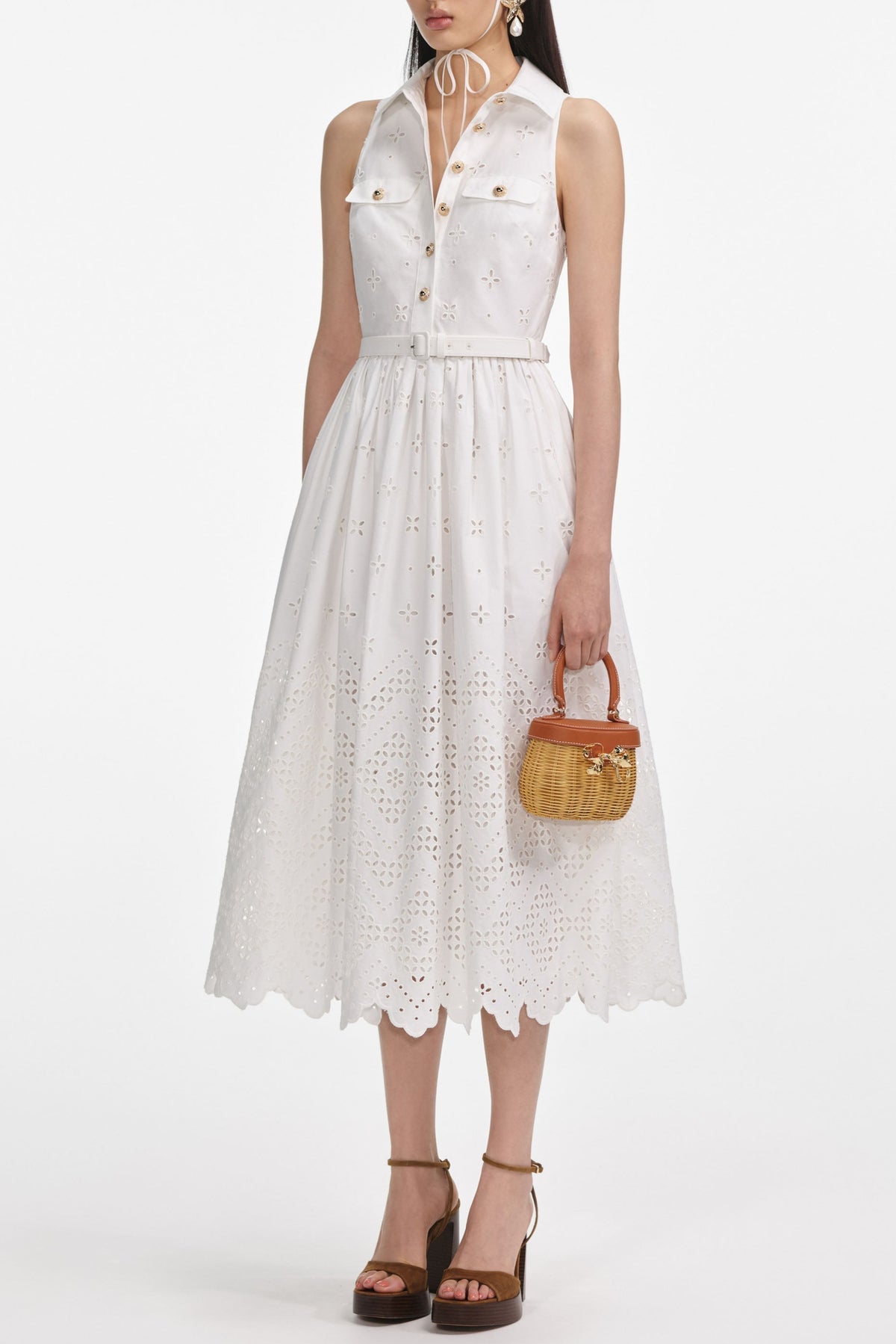 elsie White Cotton Broderie Collared Midi Dress