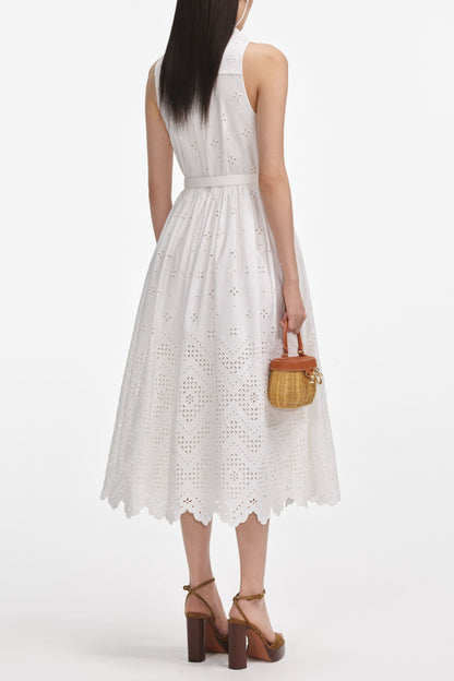 elsie White Cotton Broderie Collared Midi Dress