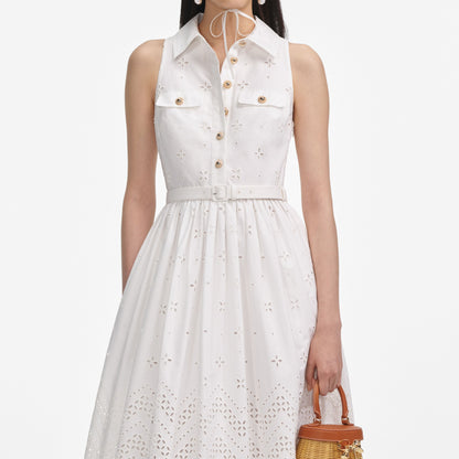elsie White Cotton Broderie Collared Midi Dress