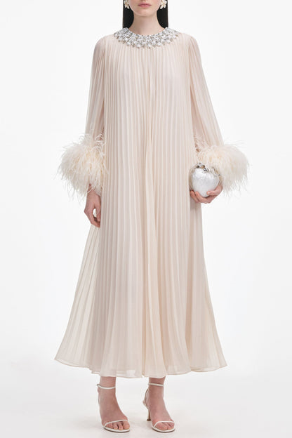 Cream Chiffon Feather Midi Dress