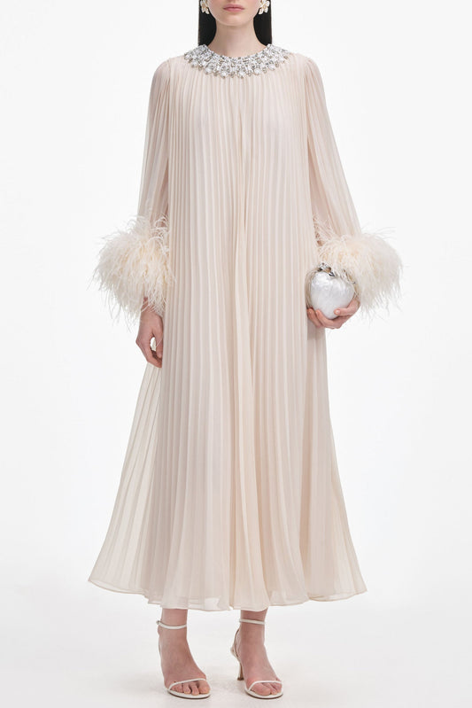 Cream Chiffon Feather Midi Dress