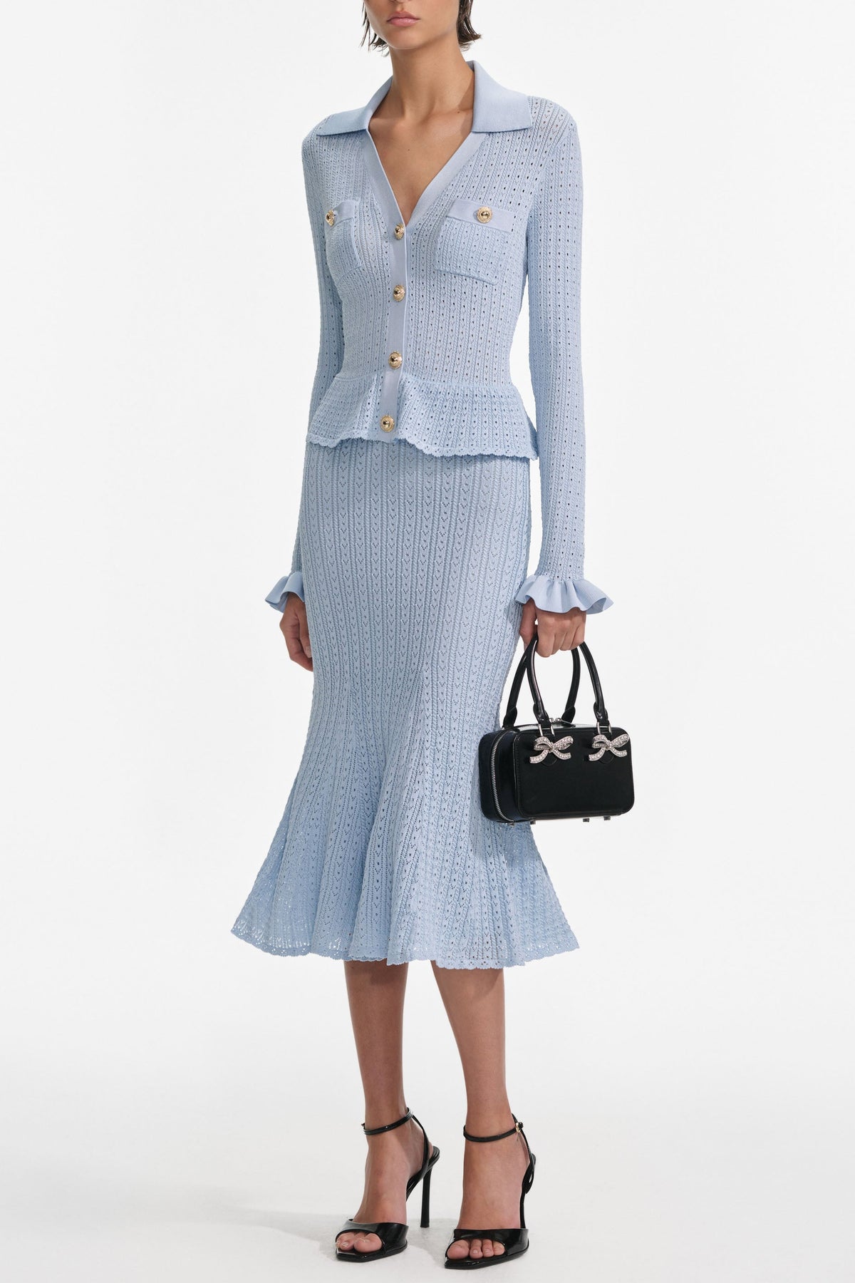 lillian Blue Pointelle Peplum Knit Midi Dress