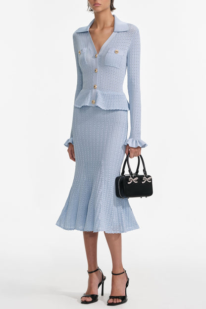 lillian Blue Pointelle Peplum Knit Midi Dress