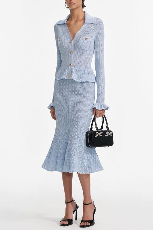 lillian Blue Pointelle Peplum Knit Midi Dress