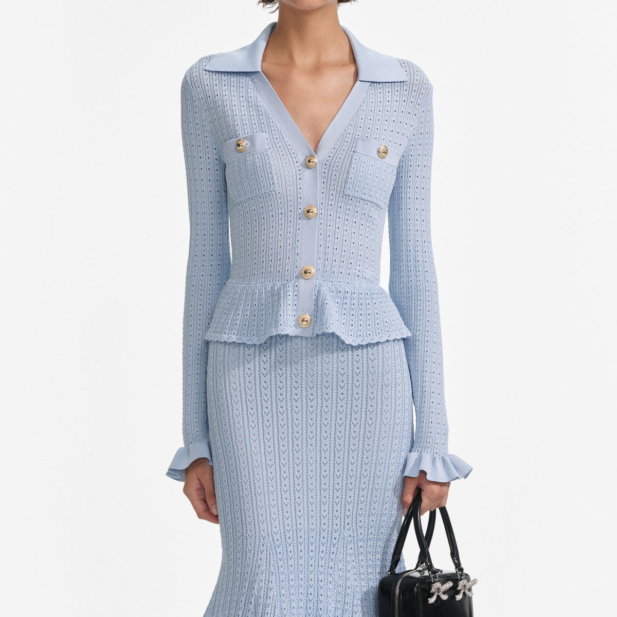 lillian Blue Pointelle Peplum Knit Midi Dress