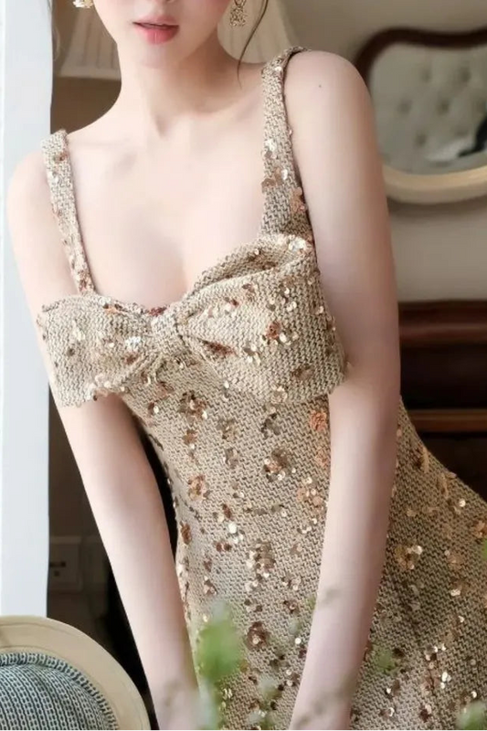 anila sequin bow slip mini dress in gold