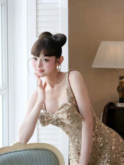 anila sequin bow slip mini dress in gold