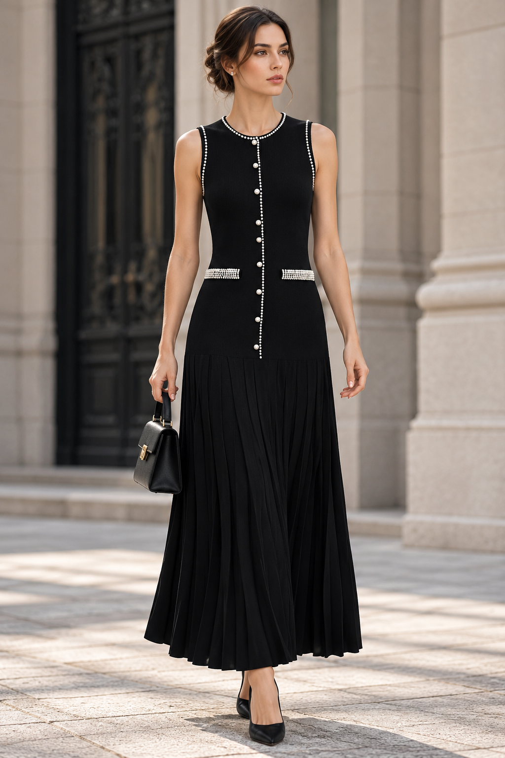 Black Fine-Gauge Knit Two-Piece Set with Metallic Trim