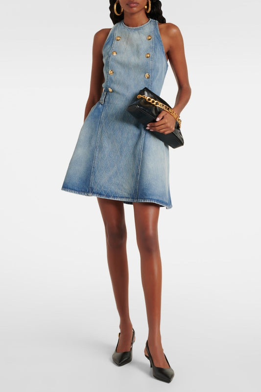 Denim Sleeveless Flared Mini Dress