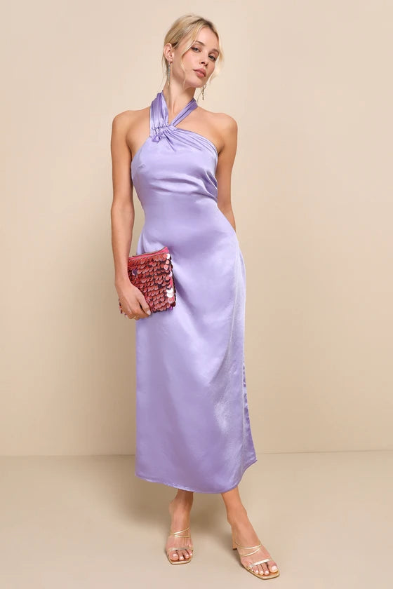 Perfectly Sleek Lavender Satin Halter Slip Midi Dress