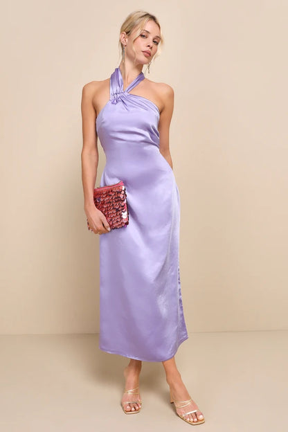 Perfectly Sleek Lavender Satin Halter Slip Midi Dress