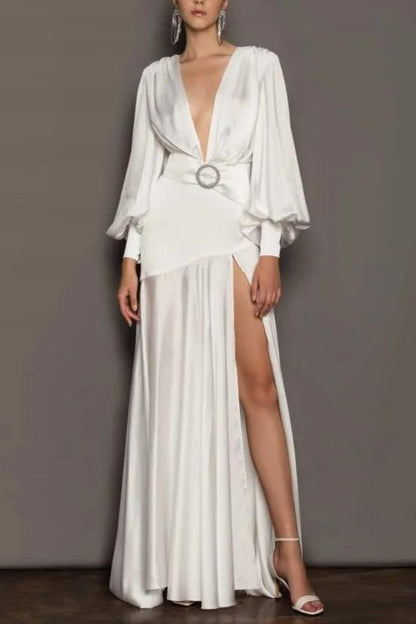 PHOEBE V-NECK BELTED SLIT MAXI DRESS