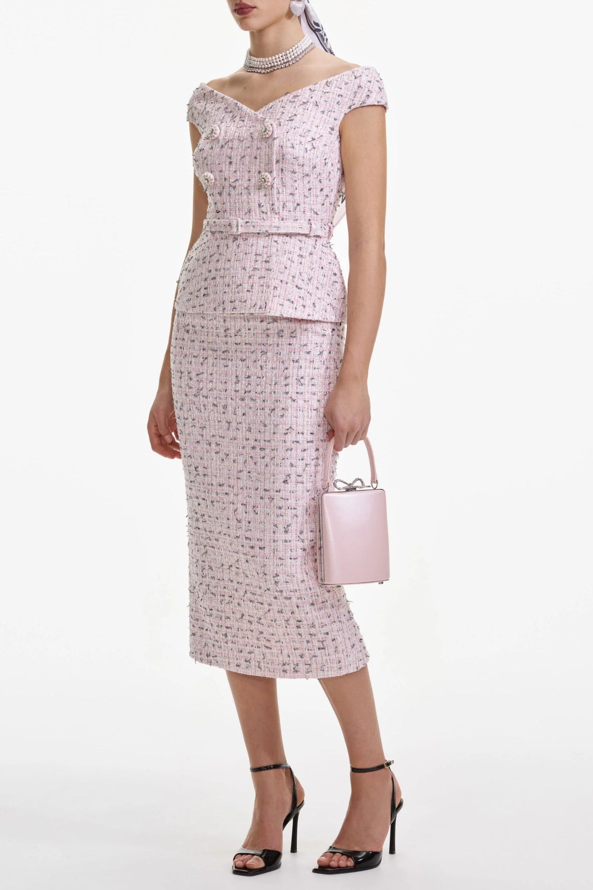 Pink Boucle Pearl Midi Dress