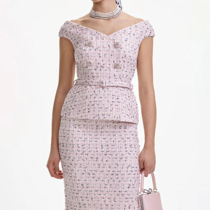 Pink Boucle Pearl Midi Dress
