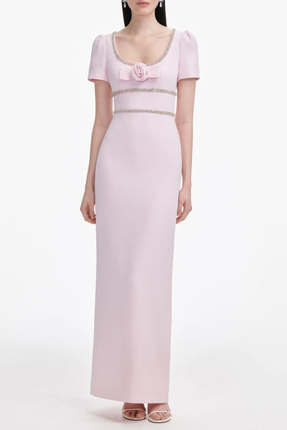 Pink Crepe Crystal Trim Maxi Dress