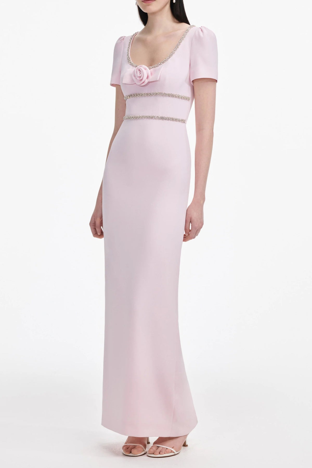 Pink Crepe Crystal Trim Maxi Dress
