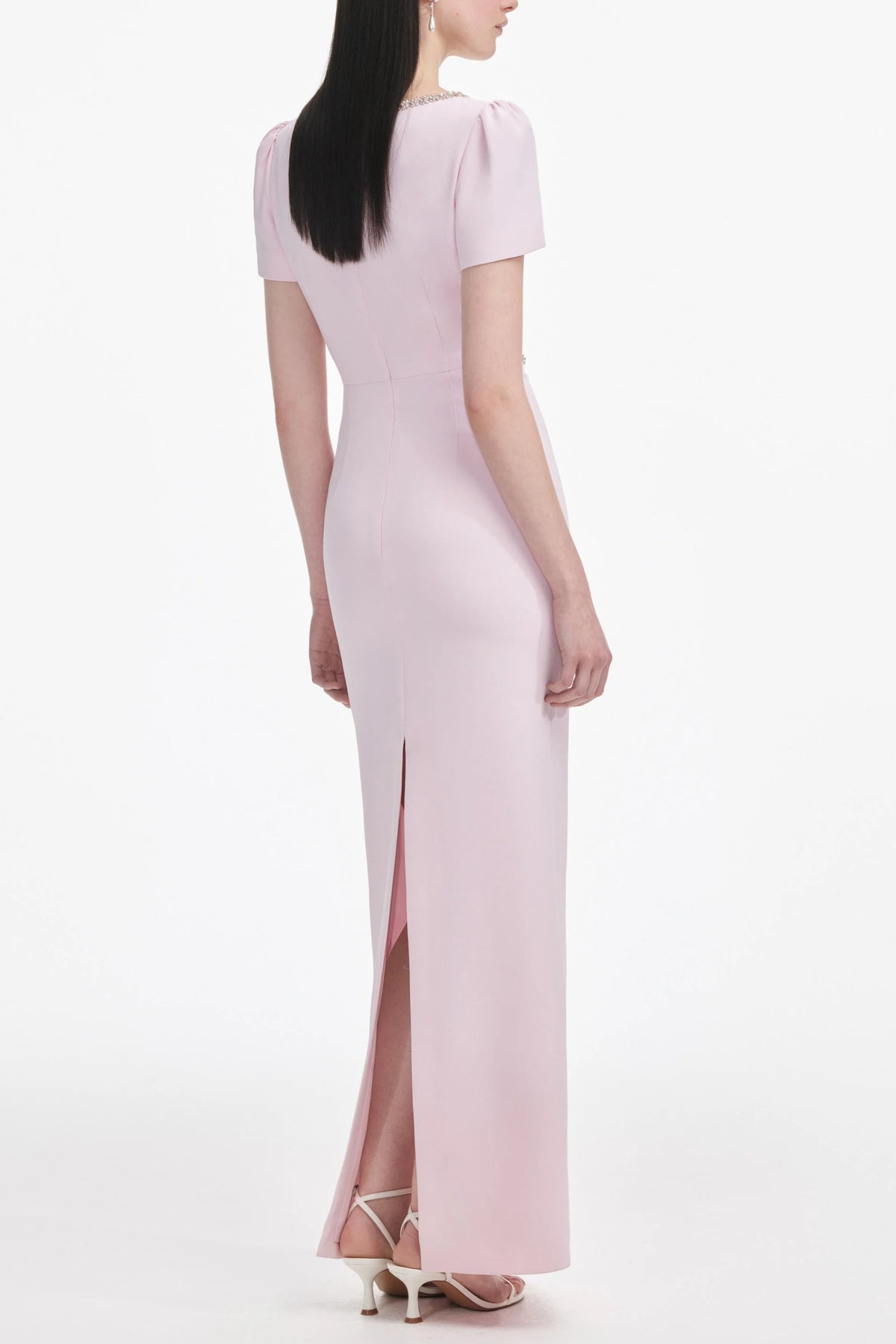 Pink Crepe Crystal Trim Maxi Dress