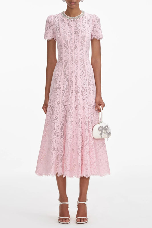 Pink Lace Embellished Midi Dress