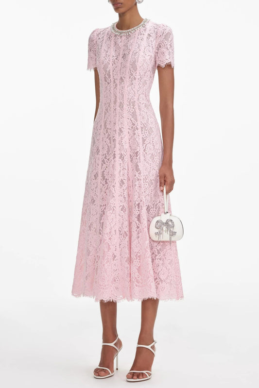Pink Lace Embellished Midi Dress