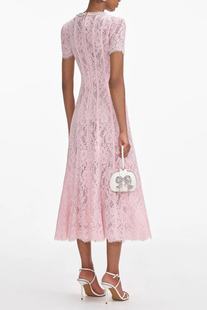 Pink Lace Embellished Midi Dress