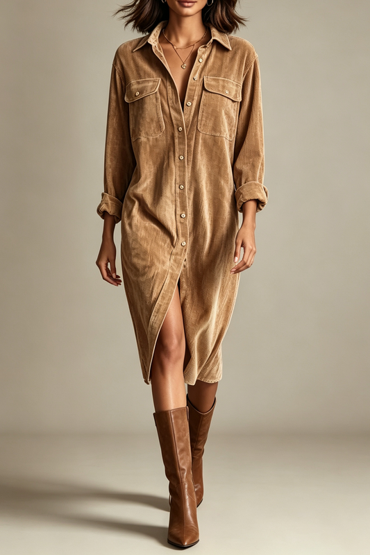Solid Color Single-Breasted Pocket Casual Shirt-Style Midi Dress