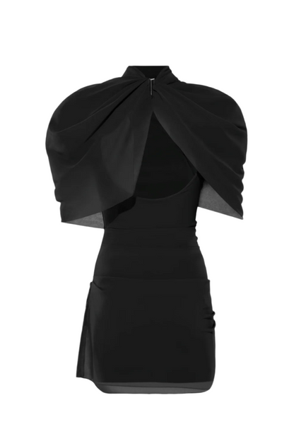 Priscilla Draped Mesh Mini Dress - Black